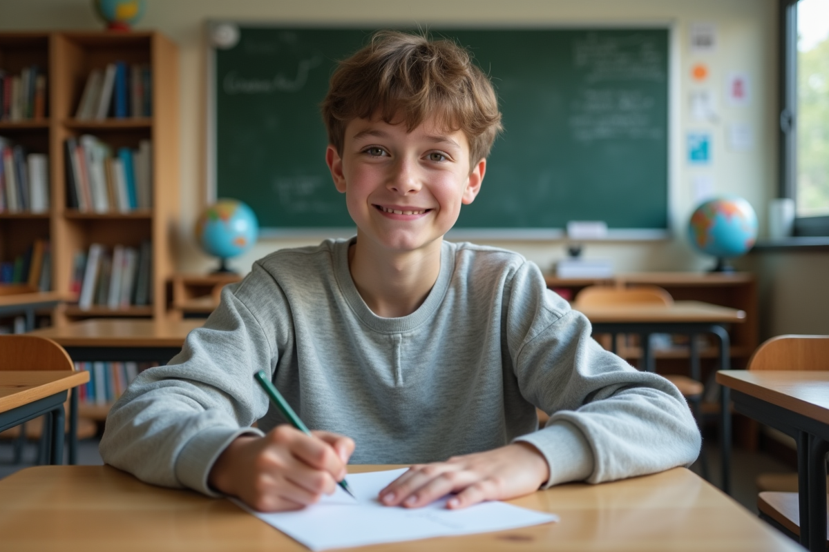 Jeune garçon écrivant une lettre en classe