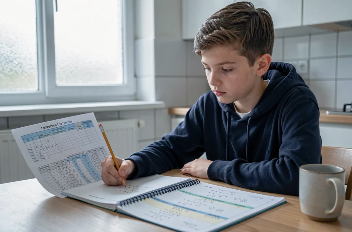 Adolescent qui étudie un tableau de conversion de mesures avec un cahier de mathématiques ouvert sur une table de cuisine