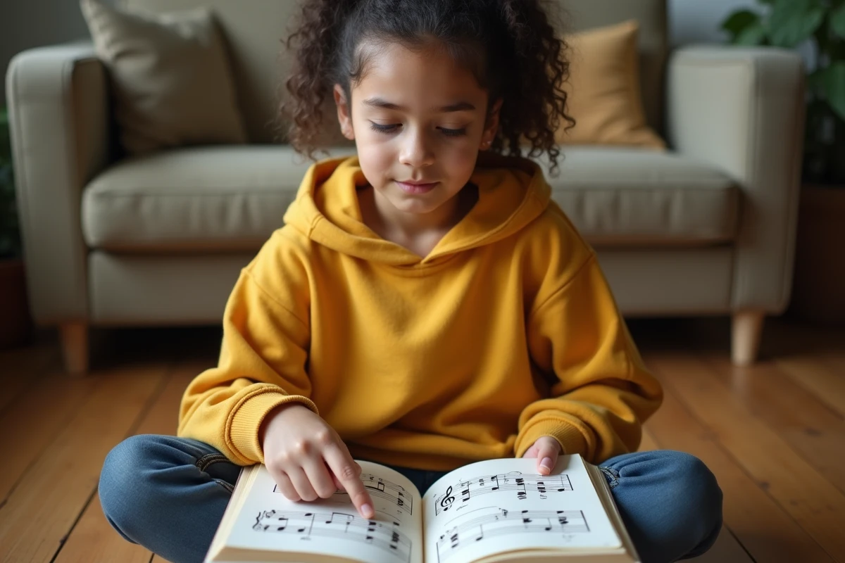 Adolescente apprenant à lire la clé de sol et la clé de fa dans un manuel de piano chez elle