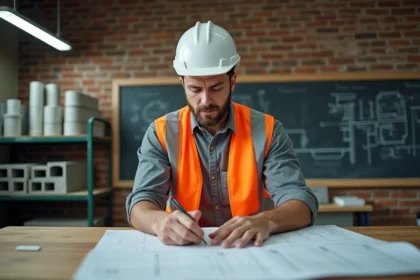 Un homme adulte en reconversion professionnelle étudie des plans de construction dans un centre de formation BTP