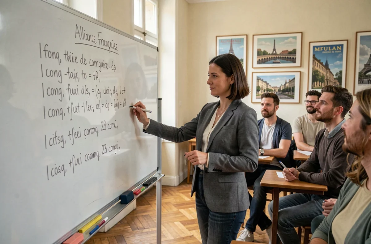 Enseignante de l'Alliance Française d'Aix-en-Provence écrivant au tableau devant un groupe d'étudiants internationaux dans une salle de classe classique