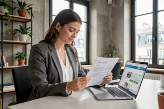 Jeune femme en alternance marketing digital examinant un contrat Nexa dans un coworking parisien moderne
