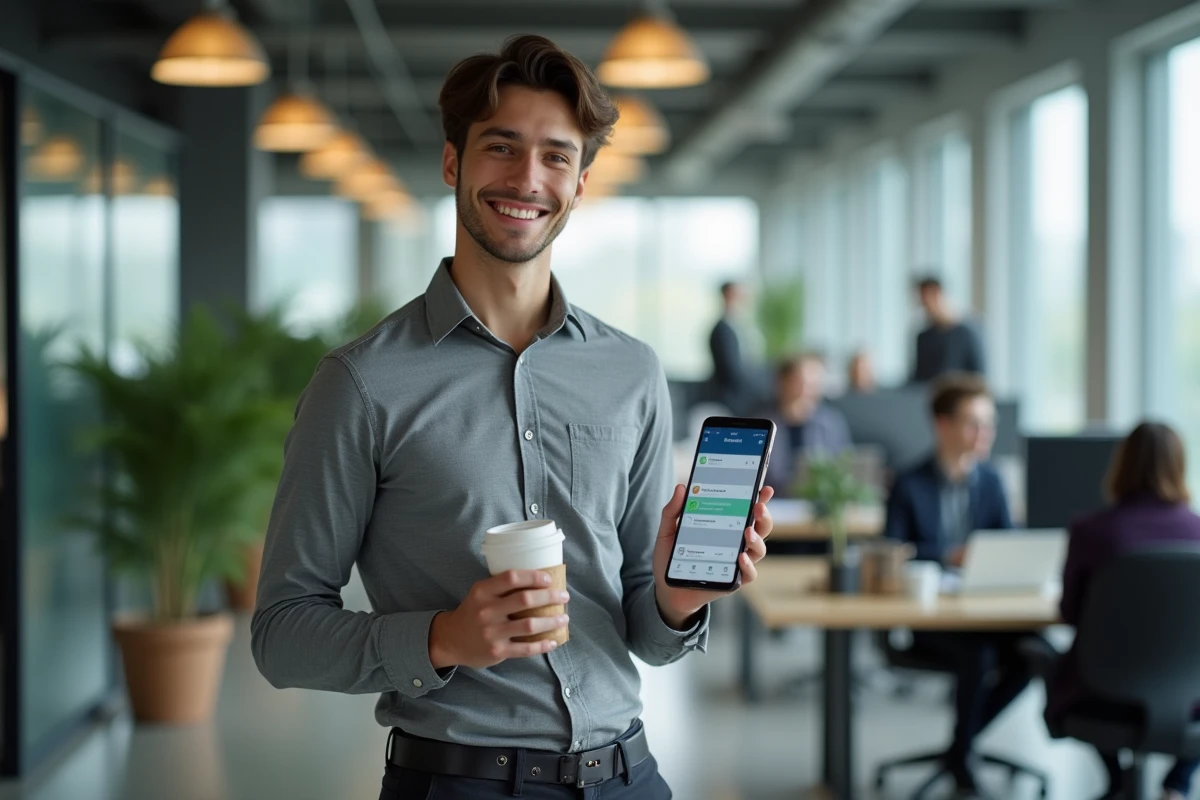 Alternant consultant son accès NetYParéo Tulle sur smartphone dans un espace de travail moderne