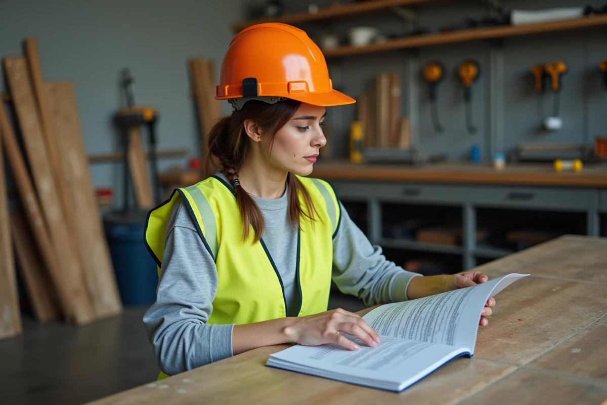 Apprenante en formation travaux consultant un catalogue de parcours avec des tarifs variés dans un atelier professionnel
