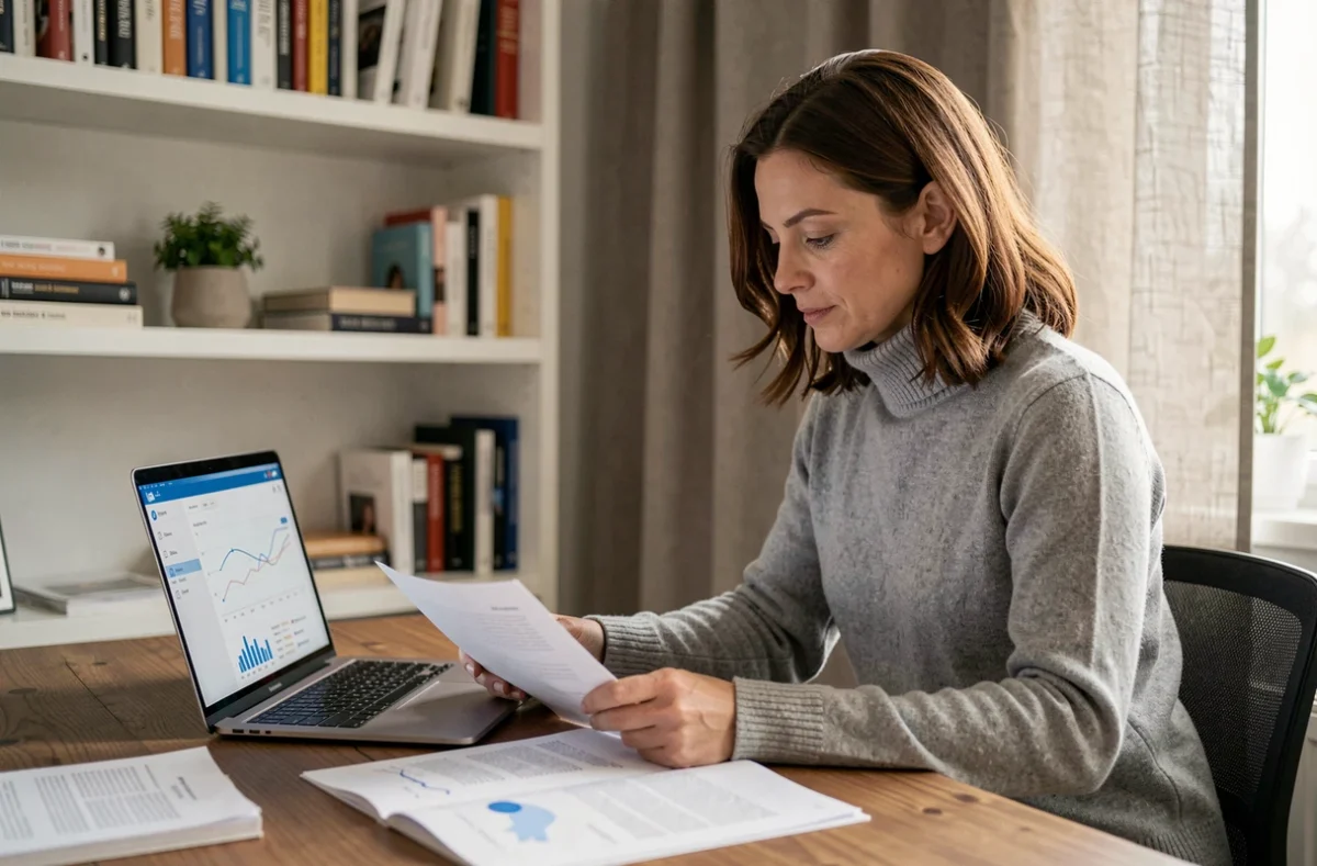 Professionnelle appliquant les résultats d'une formation LinkedIn depuis son bureau à domicile avec support de cours imprimé