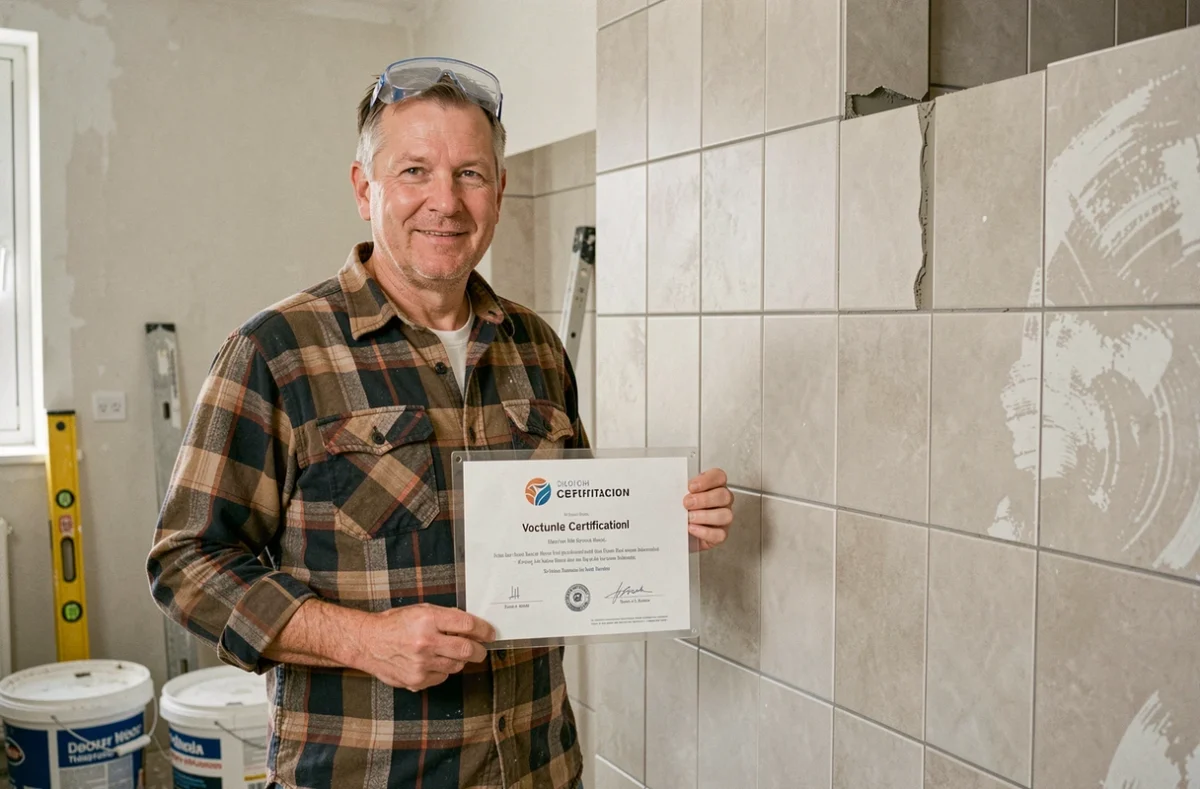 Artisan bricoleur tenant son diplôme de certification devant un chantier de rénovation carrelage terminé