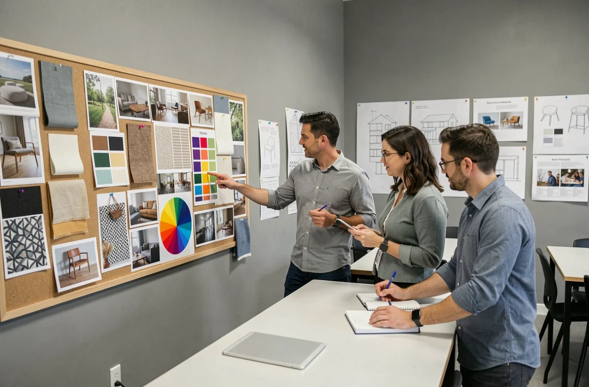 Étudiants en décoration intérieure analysant un moodboard lors d'un atelier collectif dans une école de design