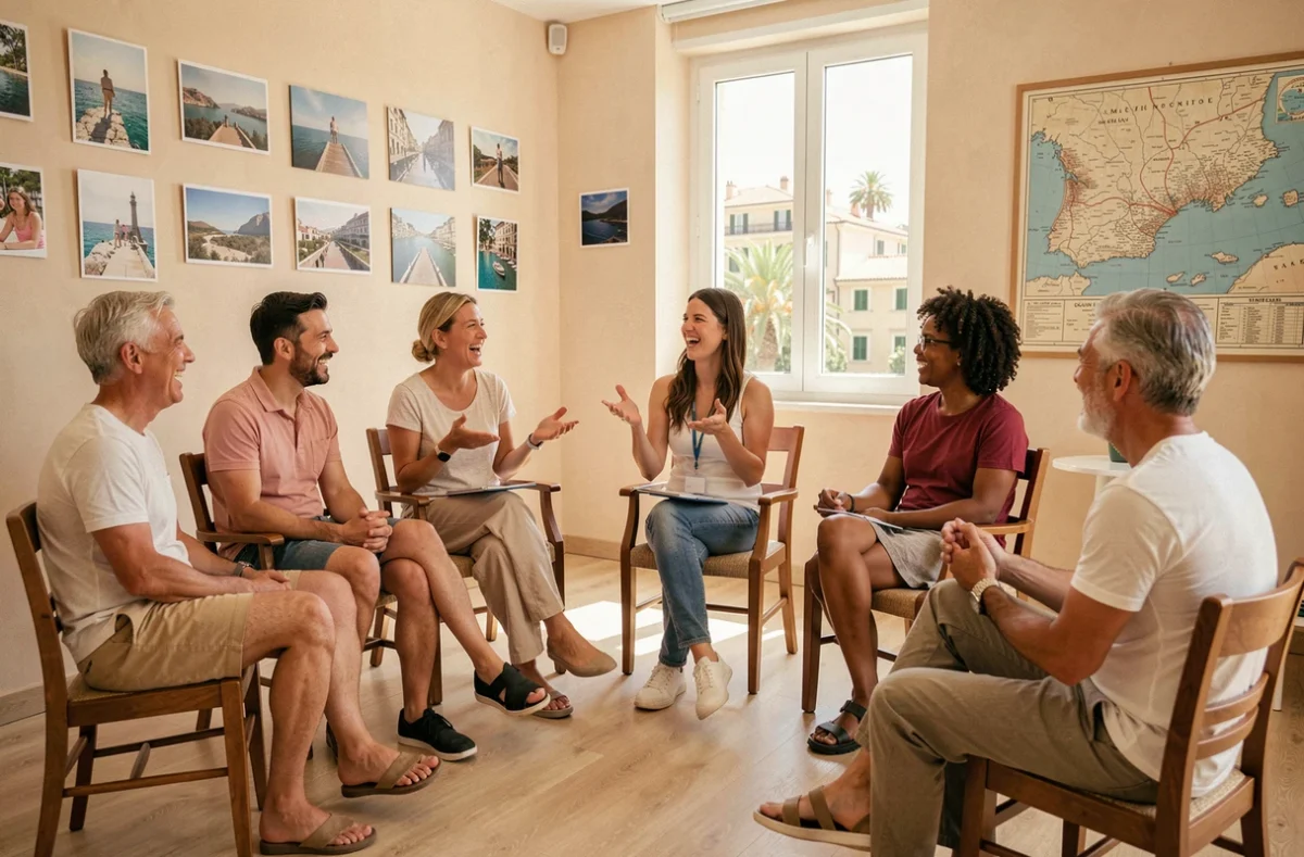 Cours de conversation française animé chez Azurlingua Nice avec un groupe d'adultes internationaux en demi-cercle et une instructrice utilisant des gestes expressifs