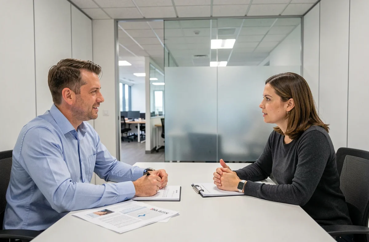 Session intensive de formation linguistique individuelle chez Berlitz Nice entre un étudiant professionnel adulte et une coach de langue dans une salle moderne et épurée