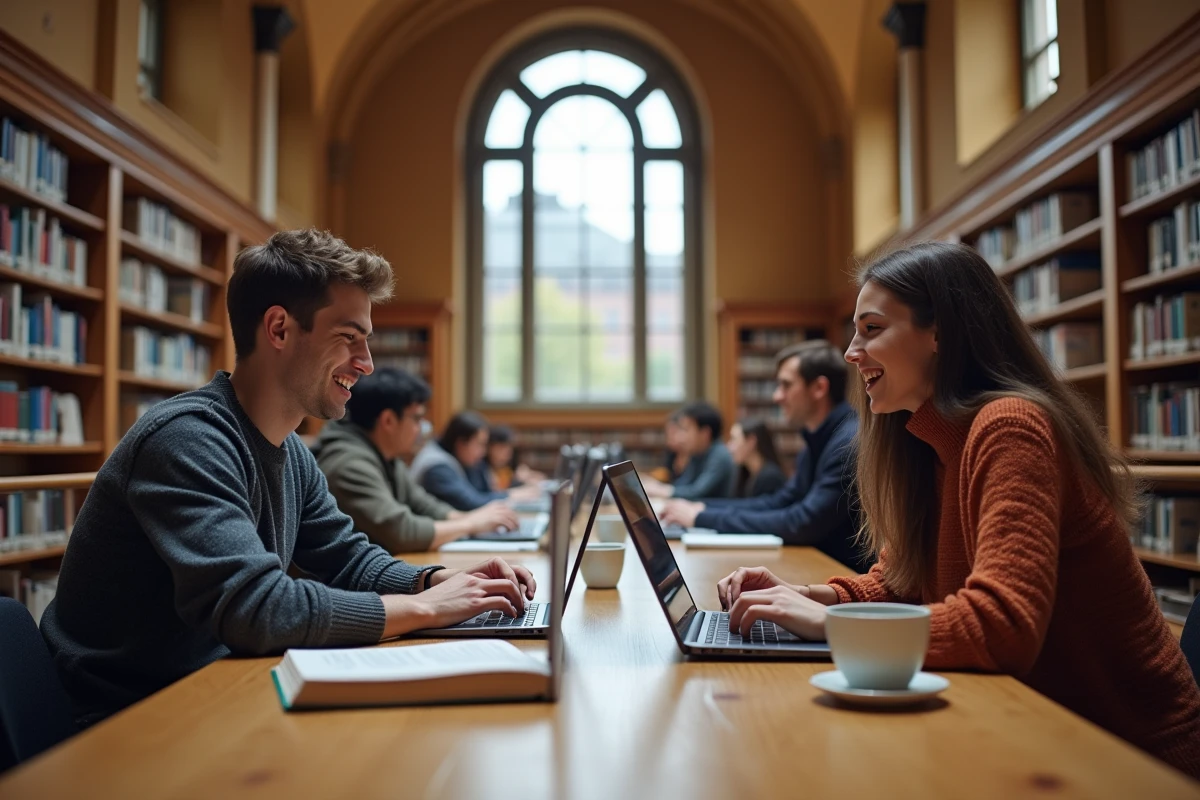 Deux étudiants diplômés travaillant en collaboration à la bibliothèque Hayden du MIT à Cambridge avec des livres et ordinateurs portables sur la table