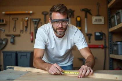 Homme bricoleur mesurant une planche en bois dans un atelier maison sécurisé avec équipements de protection