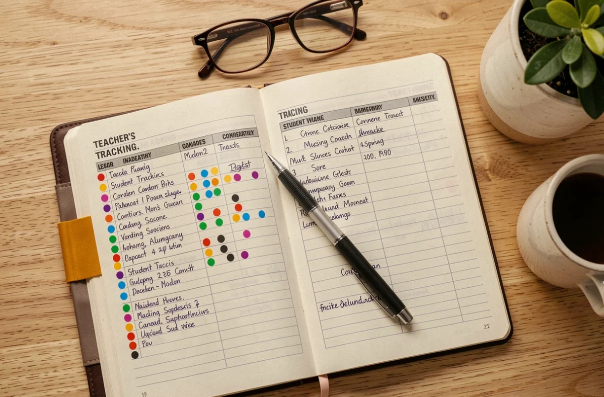 Vue aérienne d'un cahier de préparation ouvert avec tableaux de suivi élèves manuscrits et pastilles de couleur sur un bureau en bois