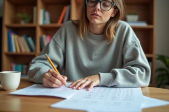 Jeune femme calculant des notes avec coefficient sur des feuilles manuscrites et imprimées, posées sur un bureau en bois