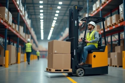 Cariste certifié CACES 1 manœuvrant un chariot élévateur électrique dans un entrepôt logistique avec équipements de protection individuelle