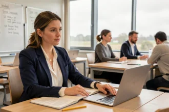 Jeune femme adulte suivant une formation professionnelle dans un centre de formation en Vendée, assise à un bureau moderne avec un ordinateur portable