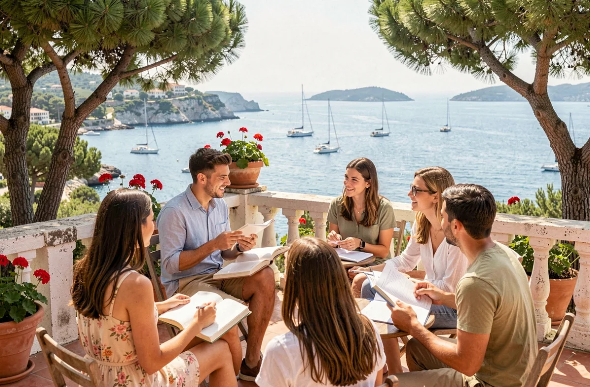 Étudiants internationaux en cours de français sur une terrasse avec vue sur la Méditerranée et le port d'Antibes en arrière-plan