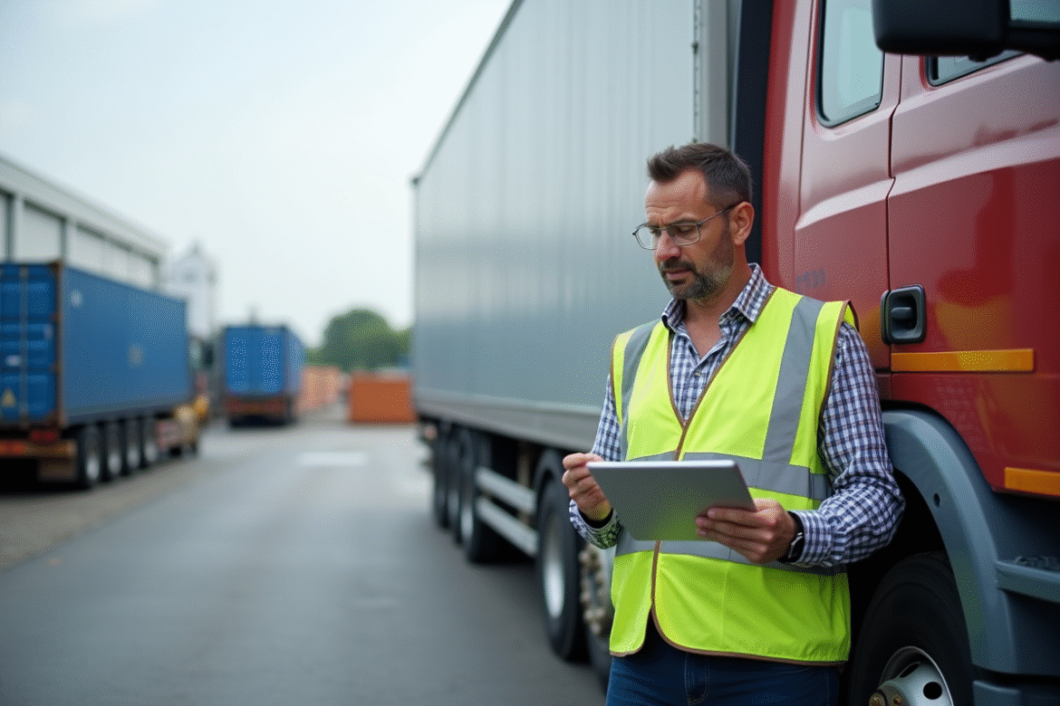 Conducteur de camion avec documents devant un véhicule logistique
