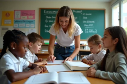 Salle de classe avec élèves et professeur en français