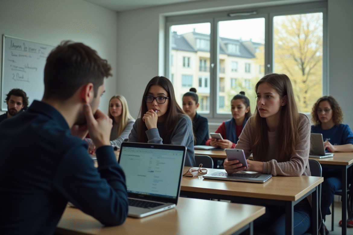 Salle de classe de lycée français avec élèves distraits par leurs appareils