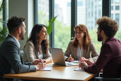 Quatre collègues en réunion dans un bureau moderne