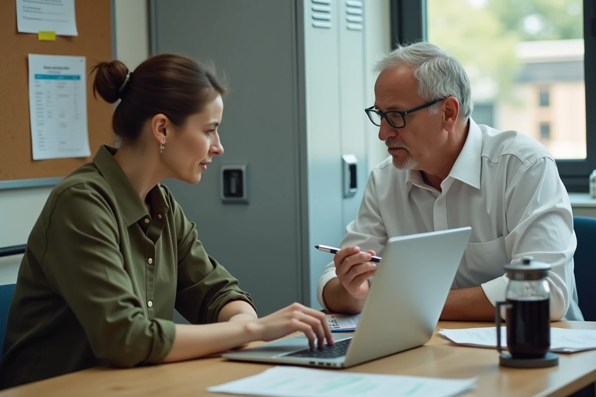 Deux enseignants collaborant sur le logiciel Scolaweb dans une salle des professeurs pour optimiser la gestion de classe