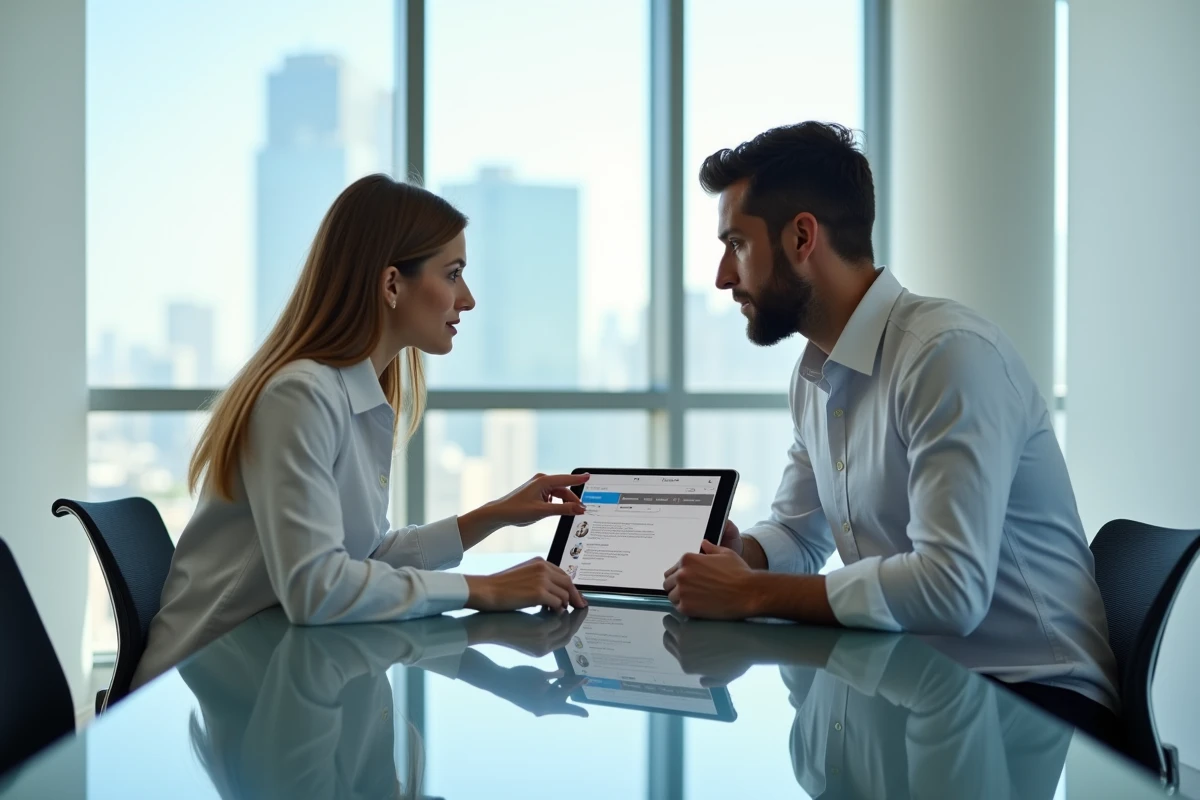 Deux collègues discutant d'options de formation Moocfun et CPF sur une tablette dans une salle de réunion moderne