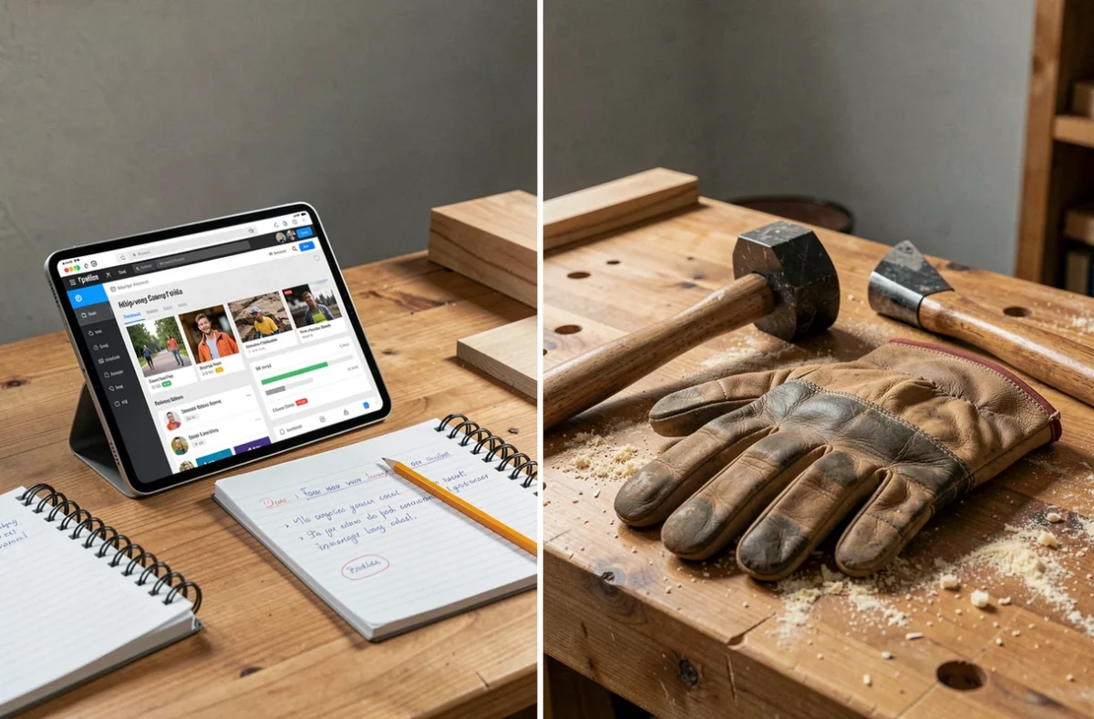 Comparaison entre un cours de bricolage en ligne sur tablette et une pratique manuelle avec des outils en bois