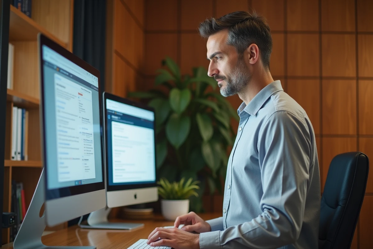Responsable RH comparant une solution centralisée de gestion des formations face à un catalogue dispersé sur deux écrans dans un bureau professionnel