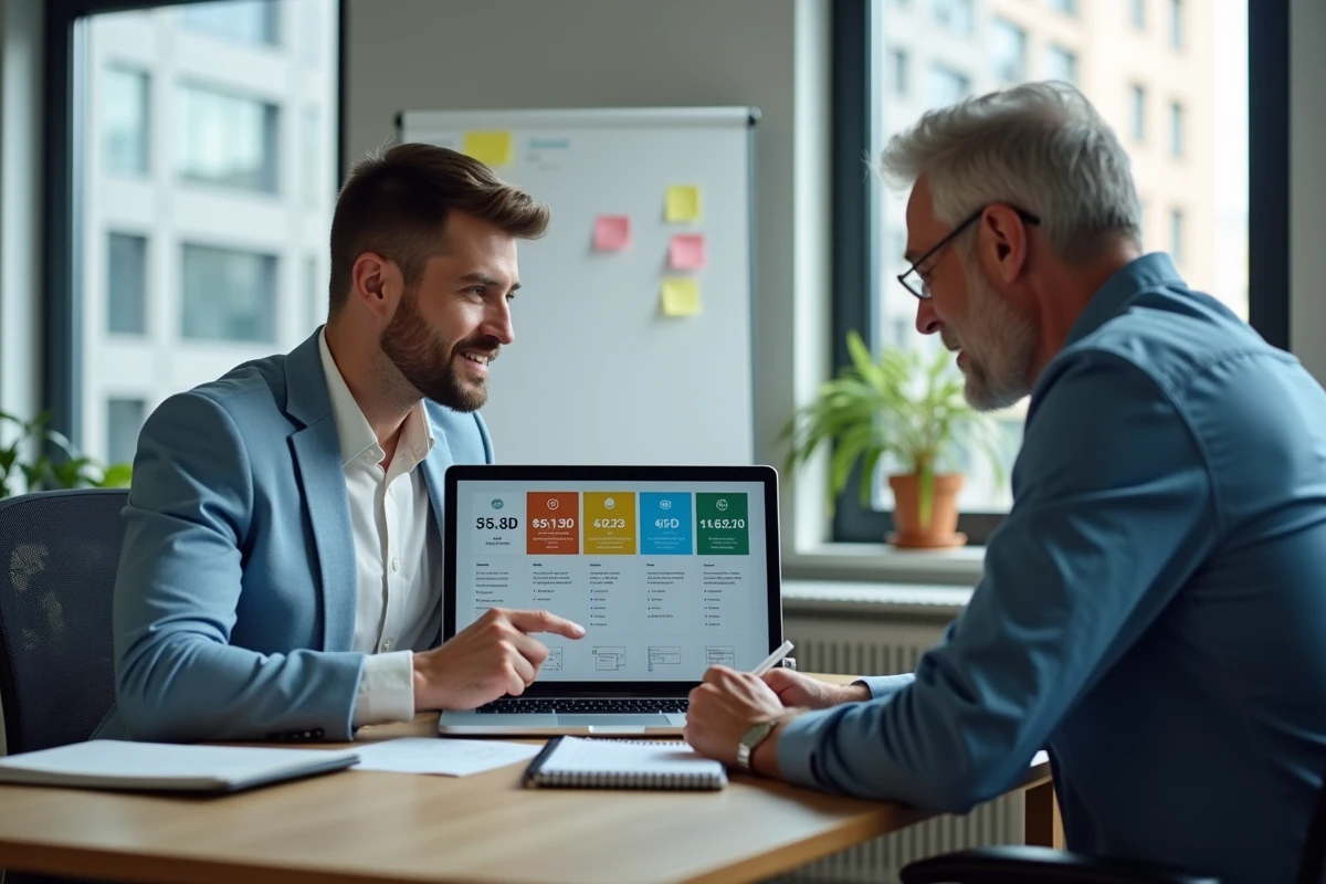 Deux professionnels comparant les tarifs et parcours de formation en travaux sur un ordinateur portable dans un bureau administratif moderne