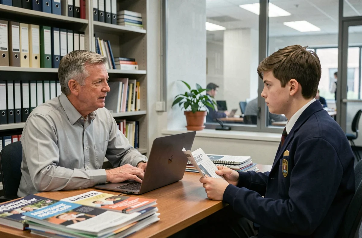 Conseiller d'orientation scolaire expliquant à un lycéen la différence entre un titre professionnel et un diplôme dans un bureau d'école