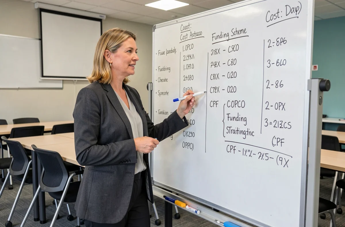 Conseillère formation BTP expliquant le reste à charge et les aides au financement sur tableau blanc