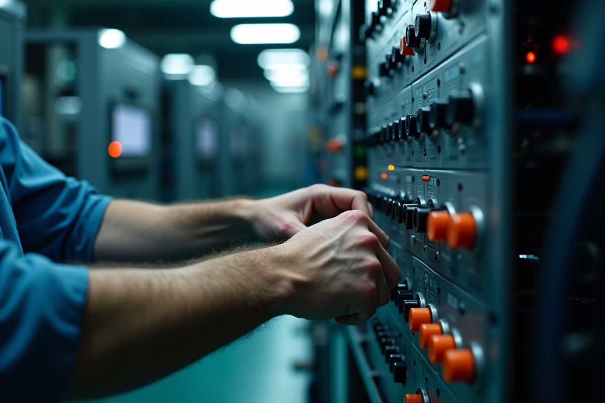 Mains ajustant panneaux de controle industriel en atelier