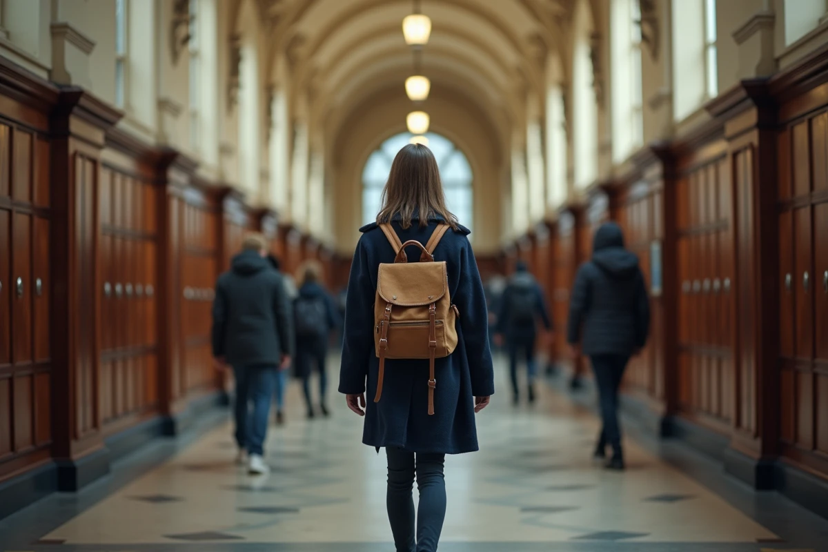 Lycéenne marchant dans un couloir immense et historique d'un grand lycée français