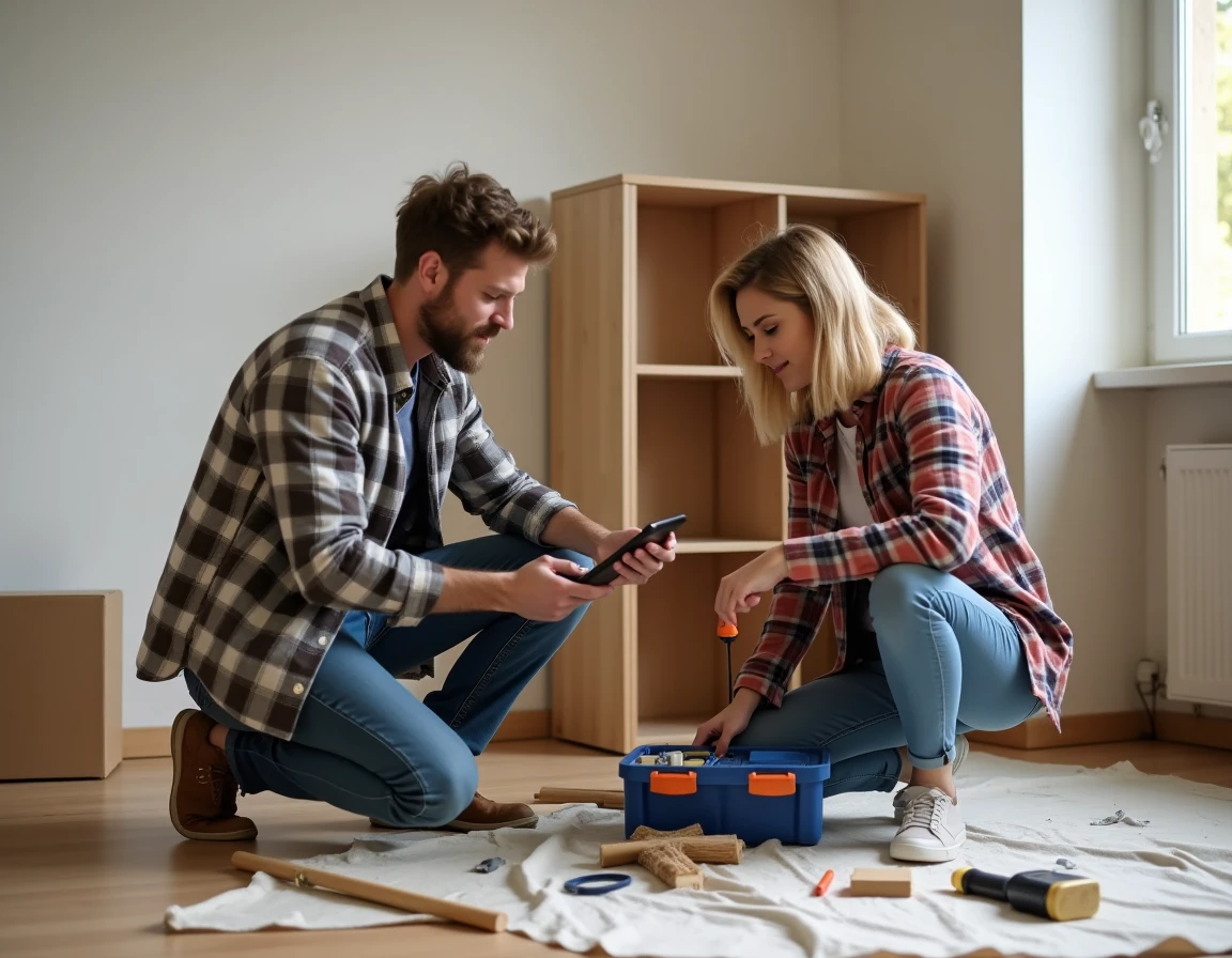 Couple suivant un tutoriel bricolage en ligne sur smartphone pour assembler un meuble en kit dans un salon en travaux