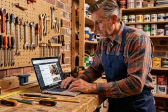 Un homme en tablier de bricoleur qui suit un cours en ligne sur un ordinateur portable dans son atelier personnel