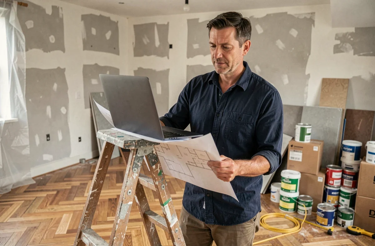 Décorateur autodidacte consultant des plans sur un chantier de rénovation intérieure en cours