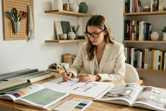 Décoratrice d'intérieur travaillant sur des planches tendance et des esquisses dans un studio de design aménagé à domicile