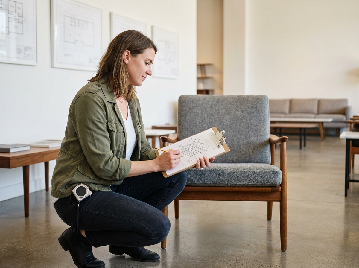 Designer d'intérieur annotant un croquis isométrique en showroom de mobilier contemporain lors d'une formation professionnelle