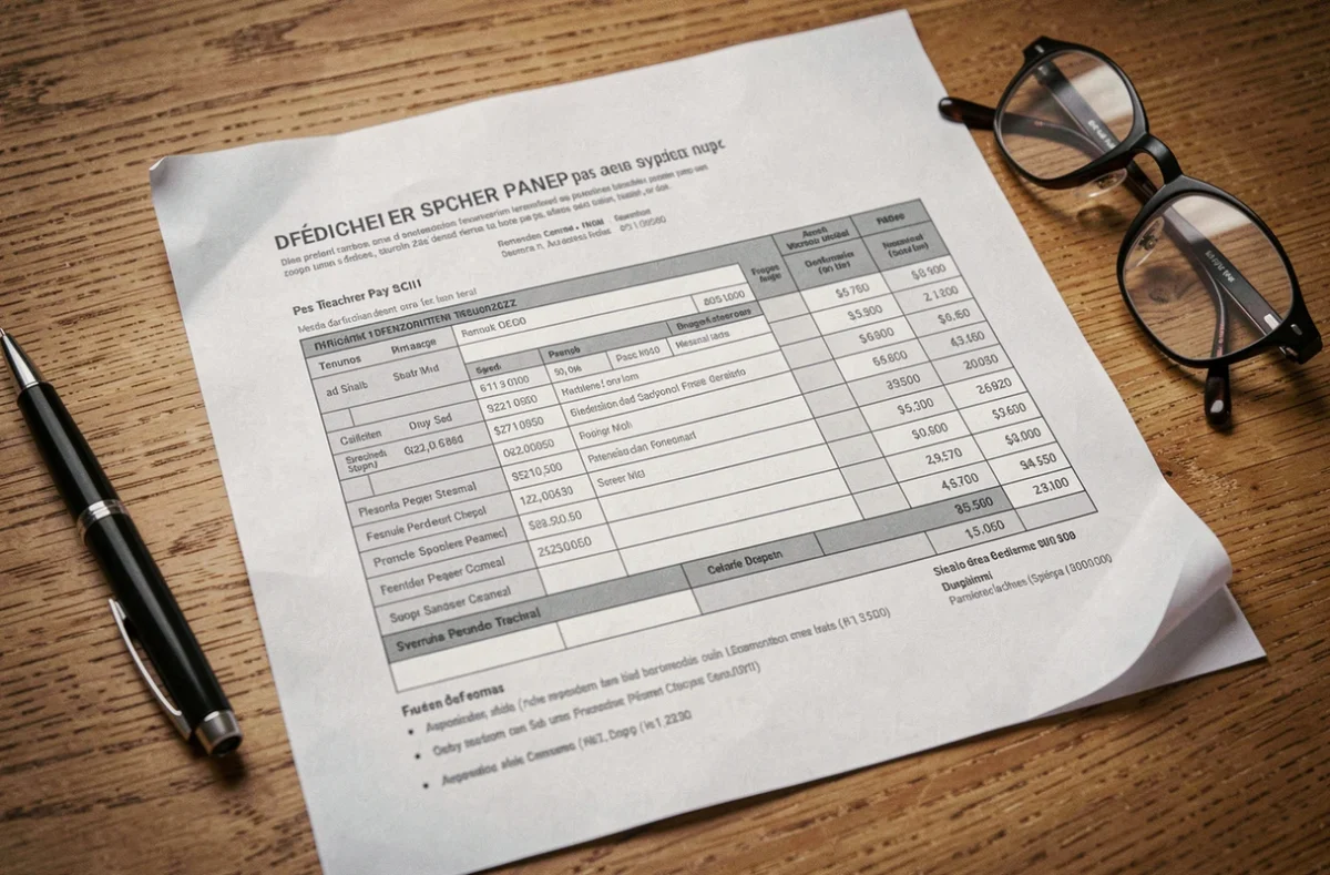 Gros plan sur une fiche de paie d'enseignant du primaire posée sur une table en bois avec un stylo