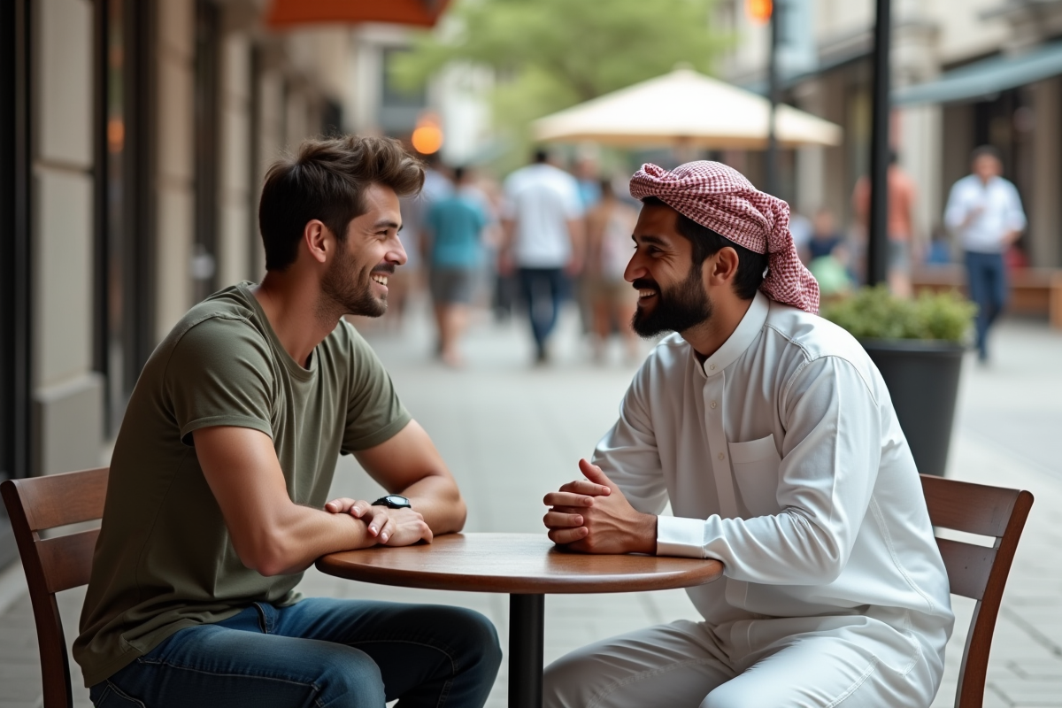 Deux jeunes hommes discutant à un café en plein air