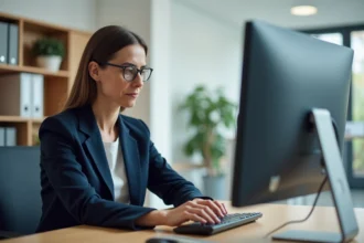 Directrice d'établissement scolaire utilisant le logiciel de gestion Easy Scol sur son ordinateur dans un bureau administratif moderne