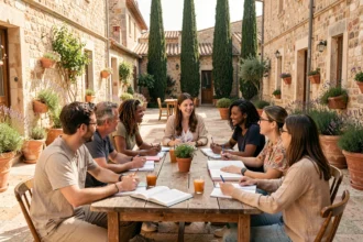 Groupe d'étudiants adultes apprenant une langue autour d'une table dans une cour provençale ensoleillée, avec une enseignante et des manuels ouverts