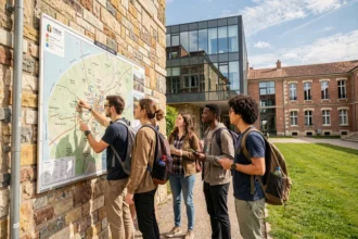 Groupe d'étudiants en ingénierie devant un campus universitaire de Haute-Garonne, discutant autour d'un plan de campus