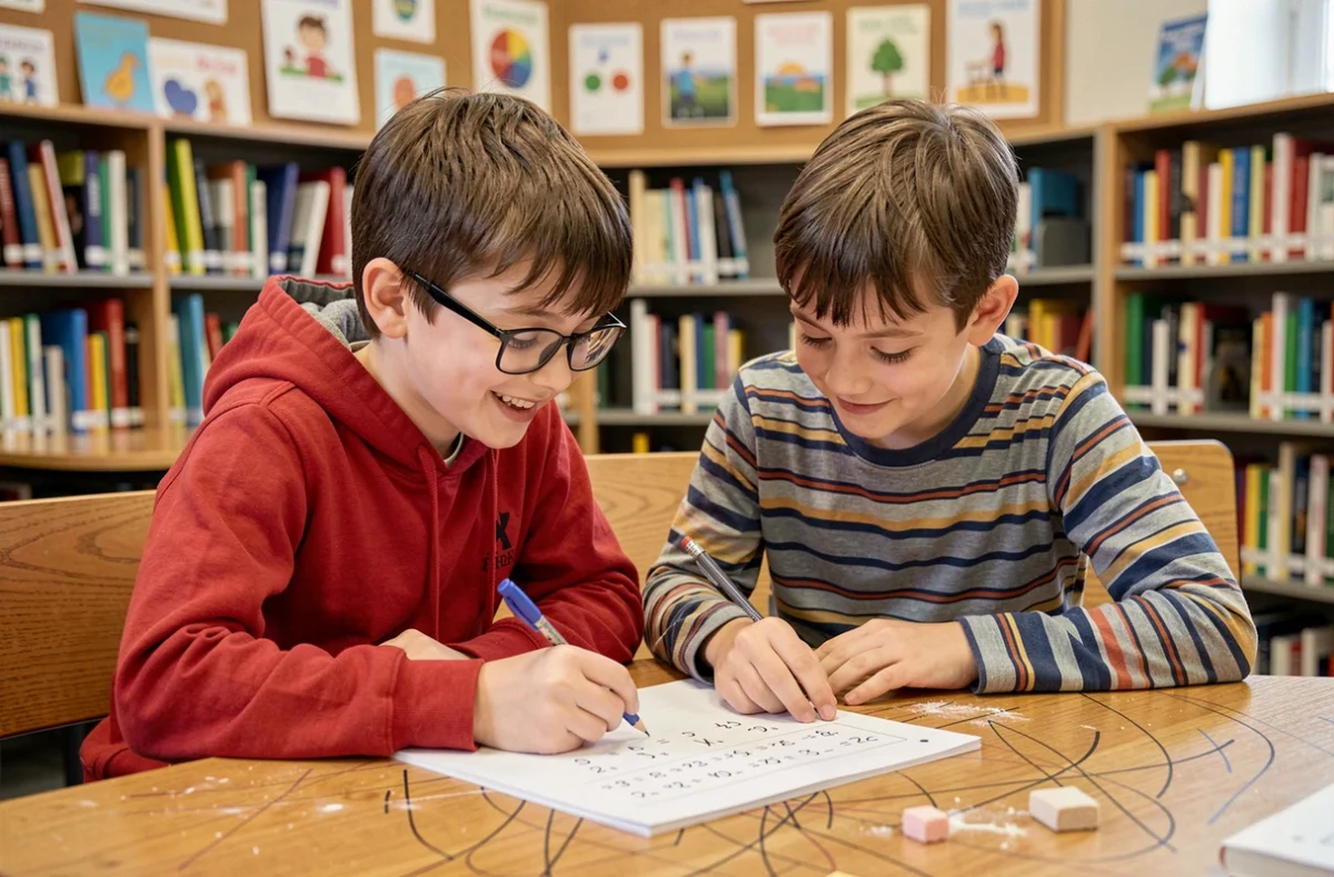 Deux écoliers qui travaillent ensemble sur des exercices de la table de multiplication de 8 dans la bibliothèque de leur école