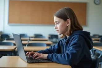 Élève de collège connectée à un ENT scolaire sur ordinateur portable en salle de classe