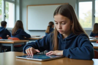 Élève adolescente configurant une application ENT sur tablette en classe