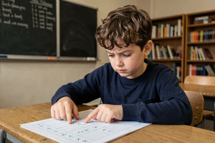 Jeune élève concentré pointant du doigt la table de multiplication de 8 écrite sur une feuille de papier quadrillé dans une salle de classe