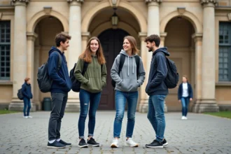Élèves de lycée discutant devant la façade monumentale du plus grand lycée de France
