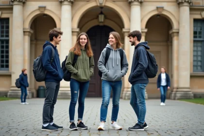 Élèves de lycée discutant devant la façade monumentale du plus grand lycée de France