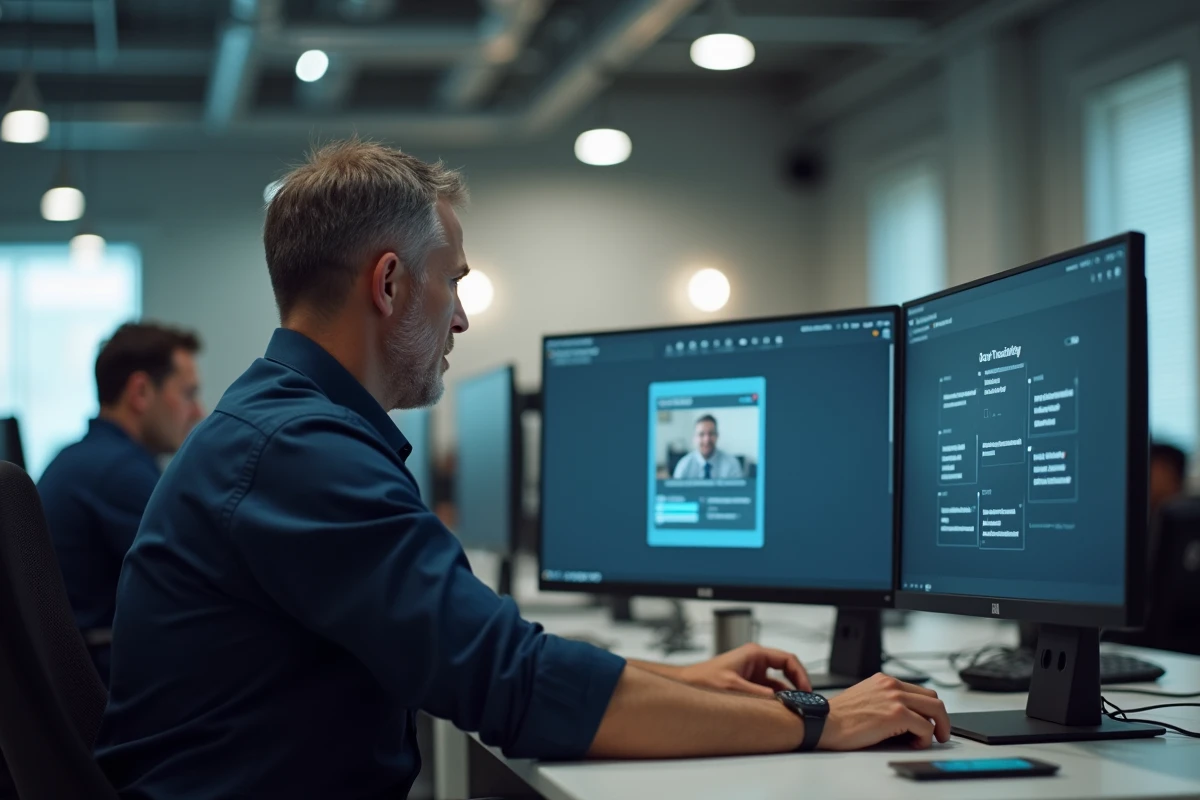 Employé suivant une formation en ligne sur Moodle dans un open space professionnel